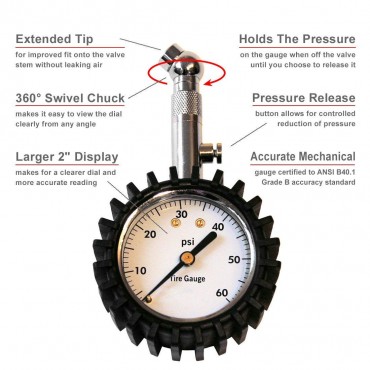 Premium Tire Pressure Gauge with Integrated Hold Valve - 60PSI