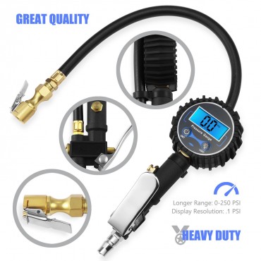 Digital Tire Inflator with Pressure Gauge, 250 PSI Air Chuck and Compressor Accessories Heavy Duty