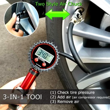 LCD Digital Tire Inflator with Pressure Gauge | 150 PSI (0.1 Res) | Interchangeable Air Chuck | Pneumatic Inflators & Gauges 