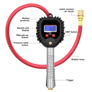 Digital Tire Pressure Gauge, 255 PSI Tire Inflator Air Chuck and Compressor Accessories Heavy Duty