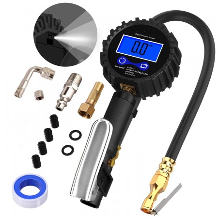 Tire Pressure Gauge Inflator Deflator Digital with 235 PSI Compressor Accessories Heavy Duty Brass Air Chuck Valve Set