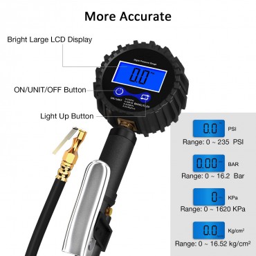 Tire Pressure Gauge Inflator Deflator Digital with 235 PSI Compressor Accessories Heavy Duty Brass Air Chuck Valve Set