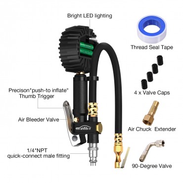 Tire Pressure Gauge Inflator Deflator Digital with 235 PSI Compressor Accessories Heavy Duty Brass Air Chuck Valve Set