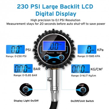 Digital Tire Pressure Gauge 230 PSI with Backlit LCD Display Air Bleed & Rubber Hose for Truck, SUV, RV, Motorcycle