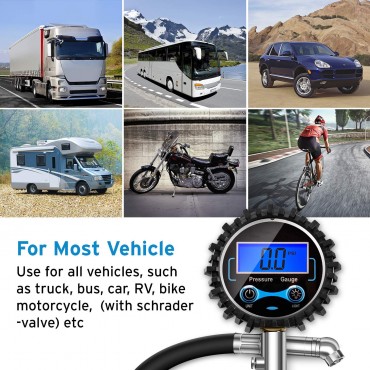 Digital Tire Pressure Gauge 230 PSI with Backlit LCD Display Air Bleed & Rubber Hose for Truck, SUV, RV, Motorcycle