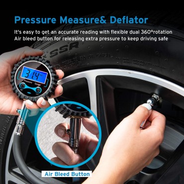 Digital Tire Pressure Gauge 230 PSI with Backlit LCD Display Air Bleed & Rubber Hose for Truck, SUV, RV, Motorcycle