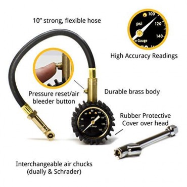 Tire Pressure Gauge with Interchangeable Dually Air Chuck - 160 PSI