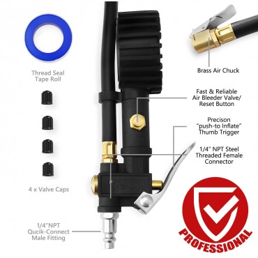 Tire Inflator with Pressure Gauge, 100 PSI Air Chuck Compressor Accessories Mechanical Heavy Duty with Rubber Hose