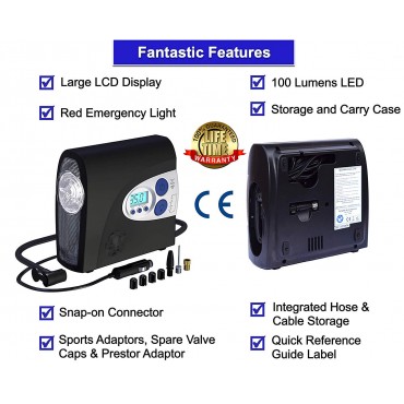 Tire Inflator 12V DC Air Compressor Portable Electric Pump Digital Pressure Gauge, New Improved Version.