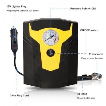 12V DC Portable Electric Auto Air Compressor Pump to 150 PSI, Tire Inflator with Gauge 3 High-air Flow Nozzles Adaptors