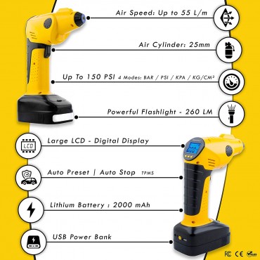 Powerful Cordless Tire Air Compressor: Portable Multi-function Inflator, Automatic Rechargeable Pressure Gauge Pump 